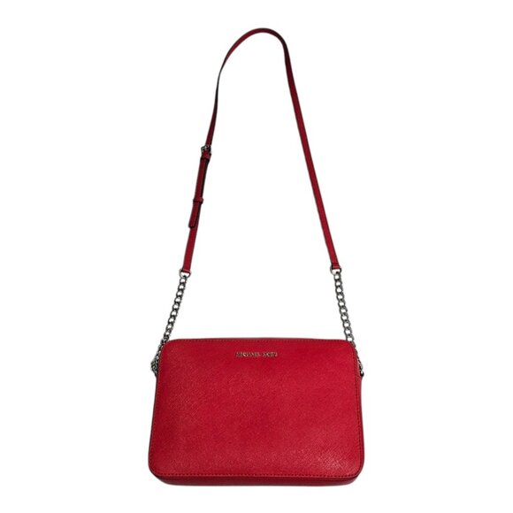 Michael Kors Bag Jet Set Large Saffiano Leather Crossbody Purse Bright Red EUC - Picture 1 of 12